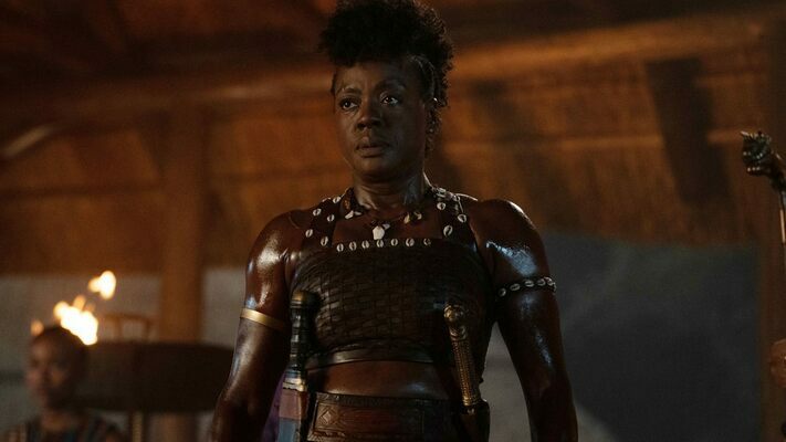 Nanisca (Viola Davis) in a scene from “The Woman King,” directed by Gina Prince-Bythewood.