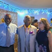 Families and friends gather to celebrate the 95th birthday of Mr. Theodore Brown, Sr. Pictured (left to right) Theodore Brown, Jr., Honoree Theodore Brown, Sr., and daughter-in-law Judy Brown.