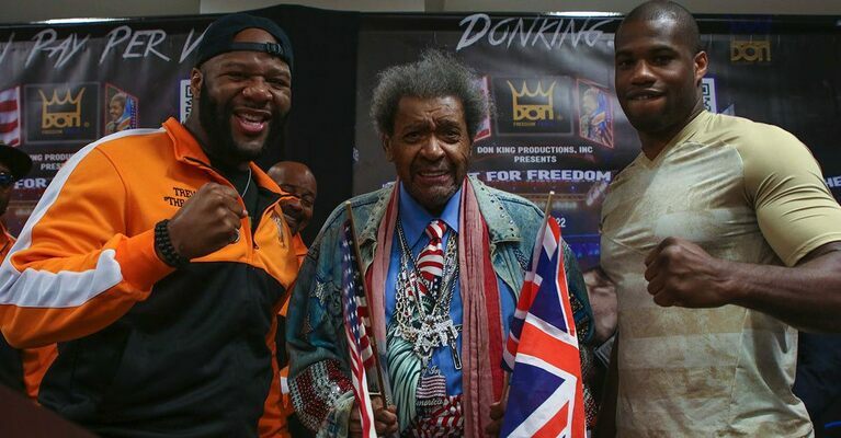 Legendary promoter Don King stands between heavyweight boxing titans Trevor Bryan and Daniel Dubois in Miami at the Embassy Suites during the final press conference for “The Fight for Freedom and Peace” on June 11, 2022 at the Miami Casino. (Don King Productions Photo)