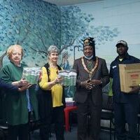 On March 9, 2022 The Dramatic Order Knights of OMAR (DOKOS) and The Grand Lodge of the Knights of Pythias made a donation of hand sanitizer and wipes to The Lord Cares Ministry in Darlington, SC.
Pictured (left to right): Grand Chancellor of Knights of Pythias of South Carolina and Grand Mogul of MedinaTemple No. 360, Honorable Kevin N. Brown; Betty Gail Gandy; Connie Woodard; Grand Director of the Grand Lodge of the Knights of Pythias of South Carolina and Imperial Organizer of The Dramatic Order Knights of OMAR Votary Fernarder Barr; and Mr. Quinston Hanna.