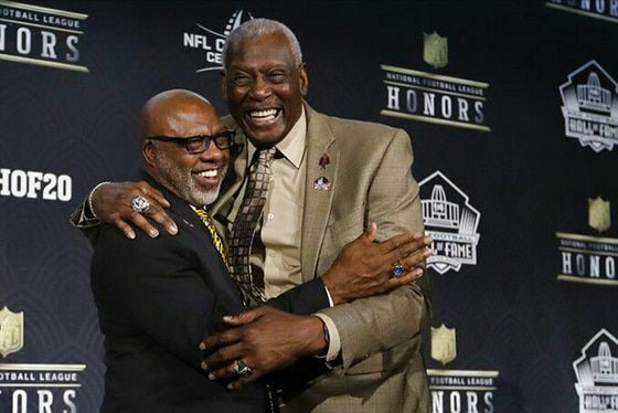 Pro Football Hall of Fame Class of 2020 
Donnie Shell, a South Carolina State alumnus, left, hugs Southern alumnus Harold Carmichael at the NFL Honors football award show in Miami.