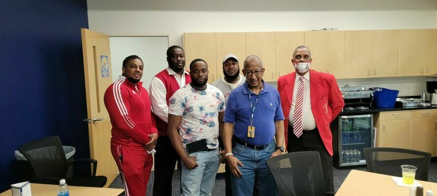 The Hartsville Alumni Chapter of Kappa Alpha Psi Fraternity Inc., at Coker University's basketball game on December 4, 2021. 
The Hartville Alumni Chapter of Kappa Alpha Psi Fraternity, Inc., fellowshipped with Past Polemarch Winfred Herrington and Coker University Alumni, and the Coker 
University Family in Hartville, S.C.  Pictured: (Front row left to right) Brother Amondo Harris, Brother Tron Williams, Past Polemarch Winfred Herrington, Sr., Past Polemarch 
Kevin N. Brown. (Back row left to right) Brother Clarence DuBose, Jr., Polemarch Brother Patrick Scott. “Polemarch Patrick Scott is a native of Lake City, SC. Our Polemarch and 
his slate of Officers, members, and Past Polemarchs are working in every field of human endeavor to help all in our communities," states Past Polemarch Kevin N. Brown.