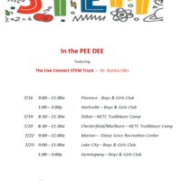 STEM In The Pee Dee Youth Events
S.C. Department of Commerce Regional Workforce hosts hosting “STEM In The Pee Dee” with the purpose of exposing, and making youth more aware of the importance of preparing for careers in STEM.

Friday, July 16, 2021
Florence Boys &amp; Girls Club 9:00AM - 11:00AM
Hartsville Boys &amp; Girls Club 1:00PM - 3:00PM

Monday, July 19, 2021
Dillon - NETC Trailblazer Camp 8:30AM - 11:30AM

Tuesday, July 20, 2021
Chesterfield/Marlboro - NETC Trailblazer Camp 8:30AM - 11:30AM

Thursday, July 22, 2021
Marion - Eloise Grice Recreation Center 9:00AM - 11:00AM

Friday, July 23, 2021
Lake City Boys &amp; Girls Club 9:00AM - 11:00AM
Hemingway Boys &amp; Girls Club 1:00PM - 3:00PM